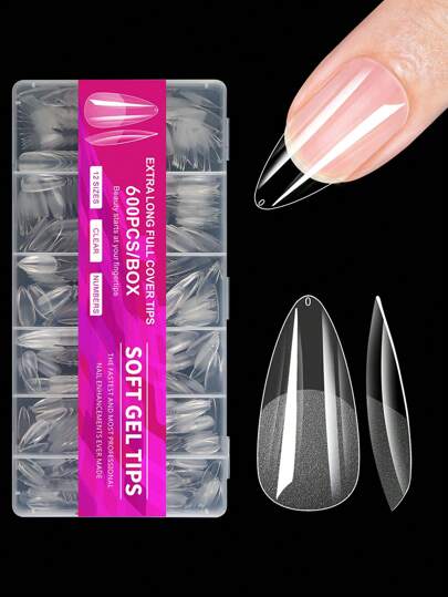 600Pcs Full Cover Press On Nail Tips Stiletto Almond Square Coffin French False Fake Soak Off Gel Nail Extension Tips Capsule Press On Nails Nail Supplies
