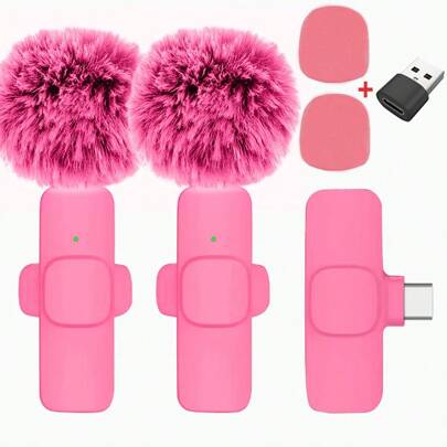 Nuevo micrófono inalámbrico tipo solapa rosa con adaptador de paraviento. Portátil compatible con grabación de audio y video para iPhone, Android, PC, cámara, juegos en vivo, teléfono móvil. Compatible con iPhone, Android para vacaciones de verano, grabación de audio/video, entrevistas, juegos y transmisión en vivo. Mini micrófono