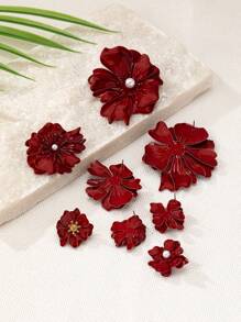 4pcs Asymmetrical Geometric Floral Pearl Inlaid Vintage Exaggerated Earrings Set For Women - Burgundy - View 6