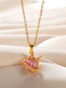 1 件时尚人造红水晶心形项链女士金色不锈钢玫瑰箭头吊坠项链情人节礼物 - 金黃色 - 查看 12