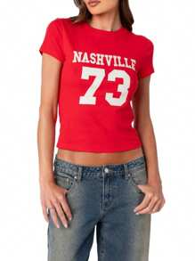 Women's Summer Casual Short Tops Short Sleeve Round Neck Letter Number Print T-Shirt - Red - View 6