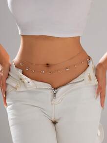 1pc Vintage Asymmetrical Pearl Tassel Sexy Waist Chain Belly Button Ring, Women Casual Beach Resort Party Body Jewelry