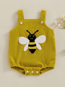 Baby Romper, Sleeveless Embroidery Ladybug Bee Fruit Mushroom Bodysuit Overalls For Girls Boys - 黃色 - 查看 2