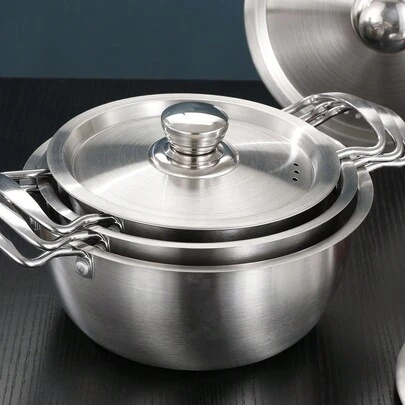3pcs/Set Stainless Steel Silver Pot Set (Includes 3 Different Sizes - Small Size Can Be Used As A Rice Stirring Pot, Baby Food Pot, Etc. Medium Size Can Be Used As A Noodle Pot, Couple Soup Pot. Large Size Can Be Used As A Family Soup Pot And Small Hotpot)