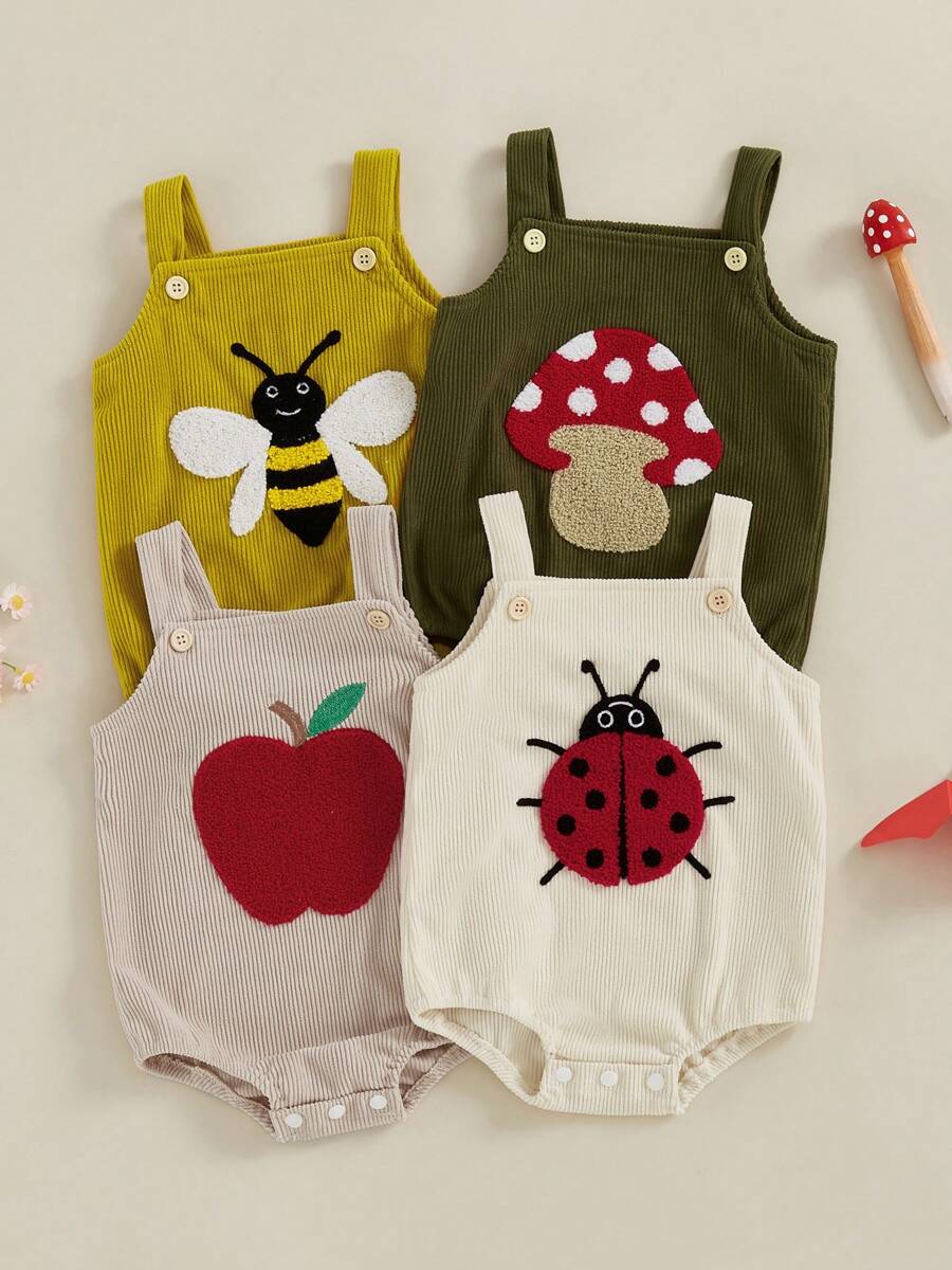 Baby Romper, Sleeveless Embroidery Ladybug Bee Fruit Mushroom Bodysuit Overalls For Girls Boys - 黃色 - 查看 1