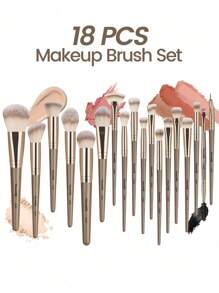 MAANGE 18pcs/20pcs Professional Makeup Brush Set, Includes 18 Makeup Brushes For Face, 1 Makeup Sponge And 1 Velvet Makeup Bag, Featuring Powder Brush, Blush Brush, Foundation Brush, Contour Brush, Eyeshadow Brush, Eyebrow Brush, Eyeliner Brush And Smudge Brush. The Makeup Tools Are Made Of Soft, Skin-Friendly Fibers And Are Convenient To Carry. It Is An Ideal Gift For Women And Girls. The Set Contains Various Makeup Brushes, Making It A Perfect Combination Of Makeup Tools. - Champagne - View 2