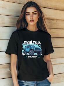 Women's Cartoon Off-Road Vehicles Extreme Sports Cool Print T-Shirt Fashion Short Sleeve Round-Neck Slm Fit Tops Summer Casual Streetwear - Black - View 1