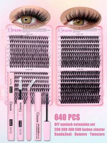 640 Pcs, D Curl, Lash Extension Kit DIY 30D, 40D, 50D Lash Clusters Eyelash Extension Kit, 5-16mm Mix Individual Lashes Kit With Lash Bond And Seal, Remover ,Lash Tweezers For Self Use