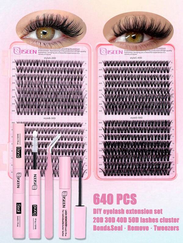 640 Pcs, D Curl, Lash Extension Kit DIY 30D, 40D, 50D Lash Clusters Eyelash Extension Kit, 5-16mm Mix Individual Lashes Kit With Lash Bond And Seal, Remover ,Lash Tweezers For Self Use