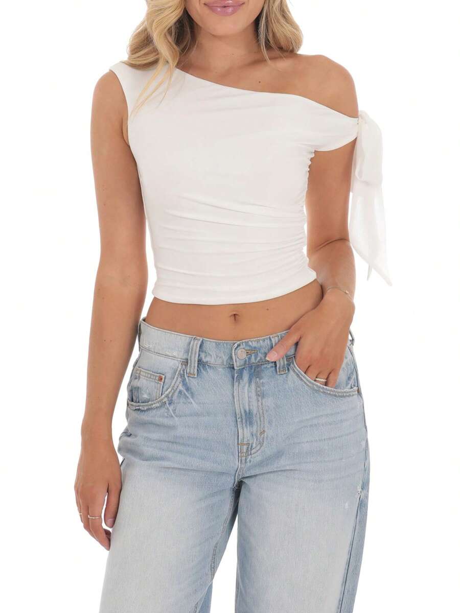Womens Y2K Off Shoulder Tank Tops Sleeveless Solid Color Ruched Crop Tops Slim Fit Summer Shirts - White - View 1