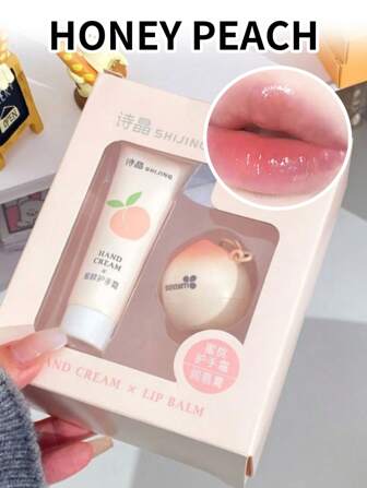 Caja de regalo con crema de manos y bálsamo labial con aroma a durazno y fresa con nueces - Hidratante y humectante para el otoño y el invierno, reparador anti-congelamiento y grietas, humectante y suavizante de líneas de los labios