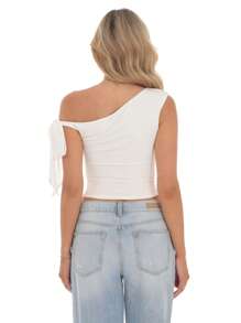 Womens Y2K Off Shoulder Tank Tops Sleeveless Solid Color Ruched Crop Tops Slim Fit Summer Shirts - White - View 5
