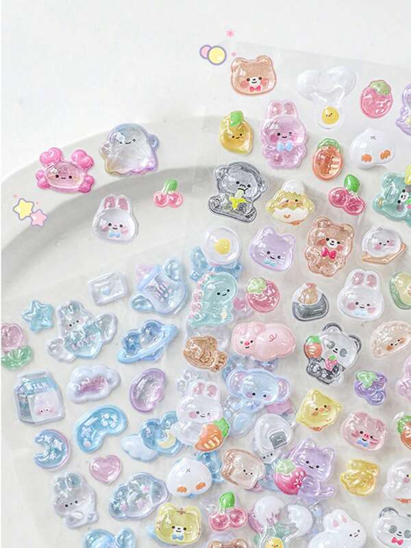 1pc Cute 3D Relief Nail Stickers DIY Decorative Mobile Phone Case Stickers Girl Cartoon Handbook Decoration Material Decorating Your Luggage Portable Clear With Fine Shimmer Animal Stickers,School Supplies,Back To School