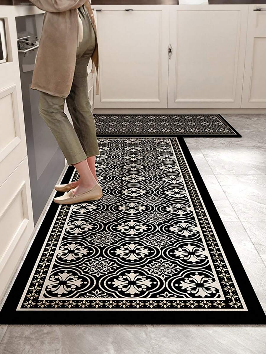 1 件复古厨房地垫，黑白图案，防滑，适用于房间装饰、客厅、浴室、卧室地毯、门垫、区域地毯和户外地毯，采用聚酯纤维制成，易于清洁且可机洗，适合所有季节和节日。 - 黑色 - 查看 1