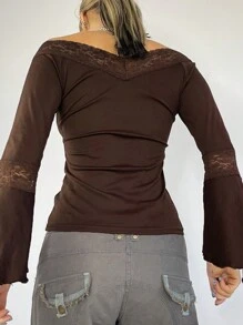 Women Long Sleeve Tops T-Shirts Lace Patchwork V-Neck Shirts Spring Fall Slim Fit Casual Tops - 棕色 - 查看 4
