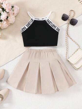 2 件儿童女童时尚休闲运动套装、吊带背心和百褶裙，适合休闲和运动，年龄 8-12 岁