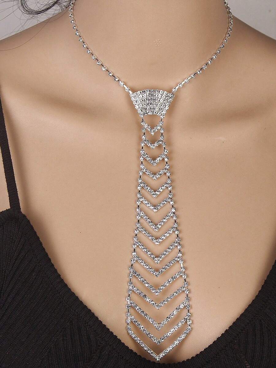 1 Pc Rhinestone Studded Shiny Arrow Pattern Necktie For Wedding Dress, Women Valentines - Silver - View 1
