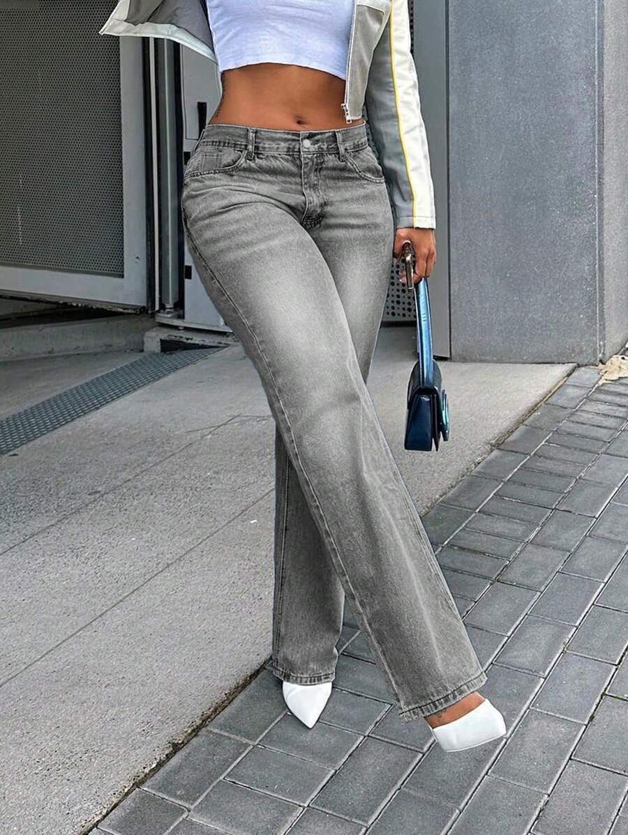 American Street Style New Hot Selling Loose Casual All-Match Slimming Women's Jeans Straight Pant - Grey - View 1