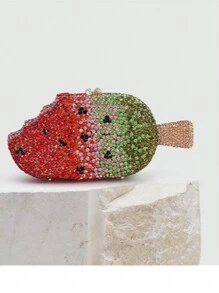 Women Ice Cream Shaped Evening Clutch Glitter Full Rhinestones Bag Girl Summer Dress Shoulder Bag - 西瓜粉 - 查看 2