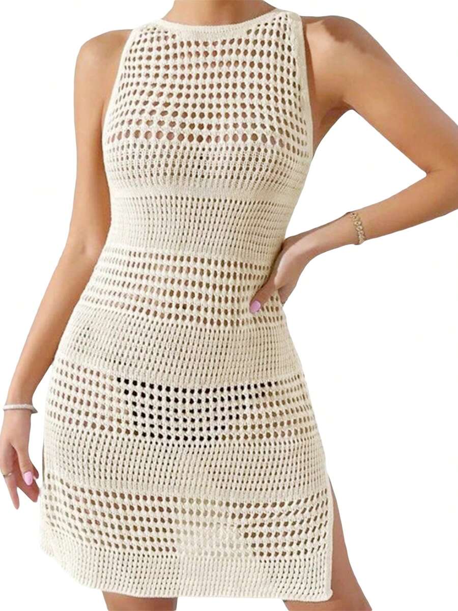 Women's Swimsuit Crochet Cover Up Summer Hollow-Out Sleeveless Bathing Suit Backless Side Split Beach Dress
