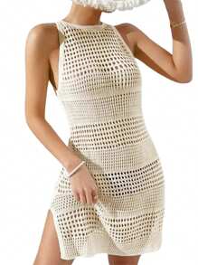 Women's Swimsuit Crochet Cover Up Summer Hollow-Out Sleeveless Bathing Suit Backless Side Split Beach Dress