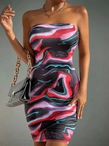Women's Fashion Tie Dye Print Bodycon Strapless Mini Dress