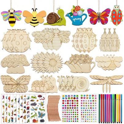 288pcs Insect Theme Children Craft Set, Wooden DIY Crafts For Kids, Children Birthday Party Supplies, Includes 36pcs Wooden Blocks, 12pcs Colored Pencils, 36pcs Strings, 202pcs Rhinestones, 2pcs Stickers, Suitable For Kids DIY Handmade And Birthday Gift