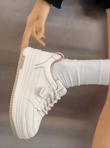 Zapatillas altas de mujer estilo callejero americano con suela gruesa.Zapatillas deportivas con cordones de otoño para mujeres,Zapatillas deportivas de moda de color combinado,Zapatillas de deporte para mujer estilo callejero americano con suela gruesa y transpirablesZapatillas de mujer con plataforma estilo callejero americano y diseño transpirable,otoño,para caminar y correr al aire libre - Beis - Ver 4