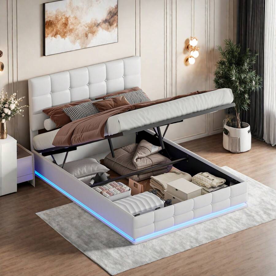 Upholstered Double Bed 140x200cm Double Bed With Hydraulically Liftable Storage Space, White PU Leather, Slatted Frame, For Adults And Teenagers