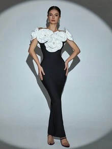 Vestido de mujer para el Día de San Valentín, vestido ajustado de vendaje con hombros descubiertos y flores 3D, vestido de noche, vestido para eventos de boda, vestido de cóctel semi formal para baile de graduación, invitado de boda, graduación, Año Nuevo