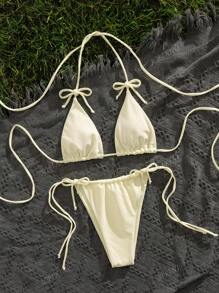 Solid Color Tie Bikini Set, Women Sexy Beach Swimwear Set, For Summer Vacation