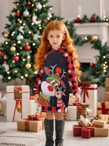 Tween Girl Christmas Theme Style Cute Cartoon Deer Print Colorblock Plaid Raglan Sleeve Hooded Knee Length Dress - Black - View 8