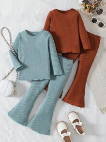 4pcs Young Girl Girls Solid Color Versatile Crew Neck Long Sleeve Top & Flared Pants Warm Outfit Set