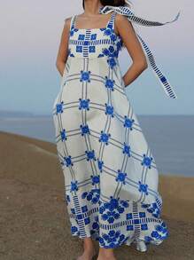 Polka Dot & Floral Print Square Neck Tied Waist Boho Dress, Blue & White Porcelain Style, Suitable For Holiday, Spring/Summer