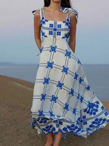 Polka Dot & Floral Print Square Neck Tied Waist Boho Dress, Blue & White Porcelain Style, Suitable For Holiday, Spring/Summer