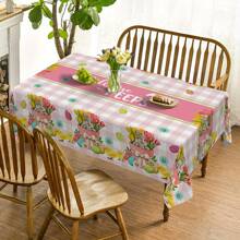 1pc Easter Text Design Tablecloth,Rabbit Bouquet Easter Egg Print Pink Checkered Design Tablecloth,Spring Fresh Design,Festive Party Decor For Indoor And Outdoor, Easter Decoration, Perfect Easter Gift For Family And Friends
