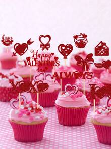 12pcs Burgundy Glitter Paper Cupcake Toppers, Happy Valentine's Day Cake Decorations For Valentine's Day Party - Dark Red - View 1