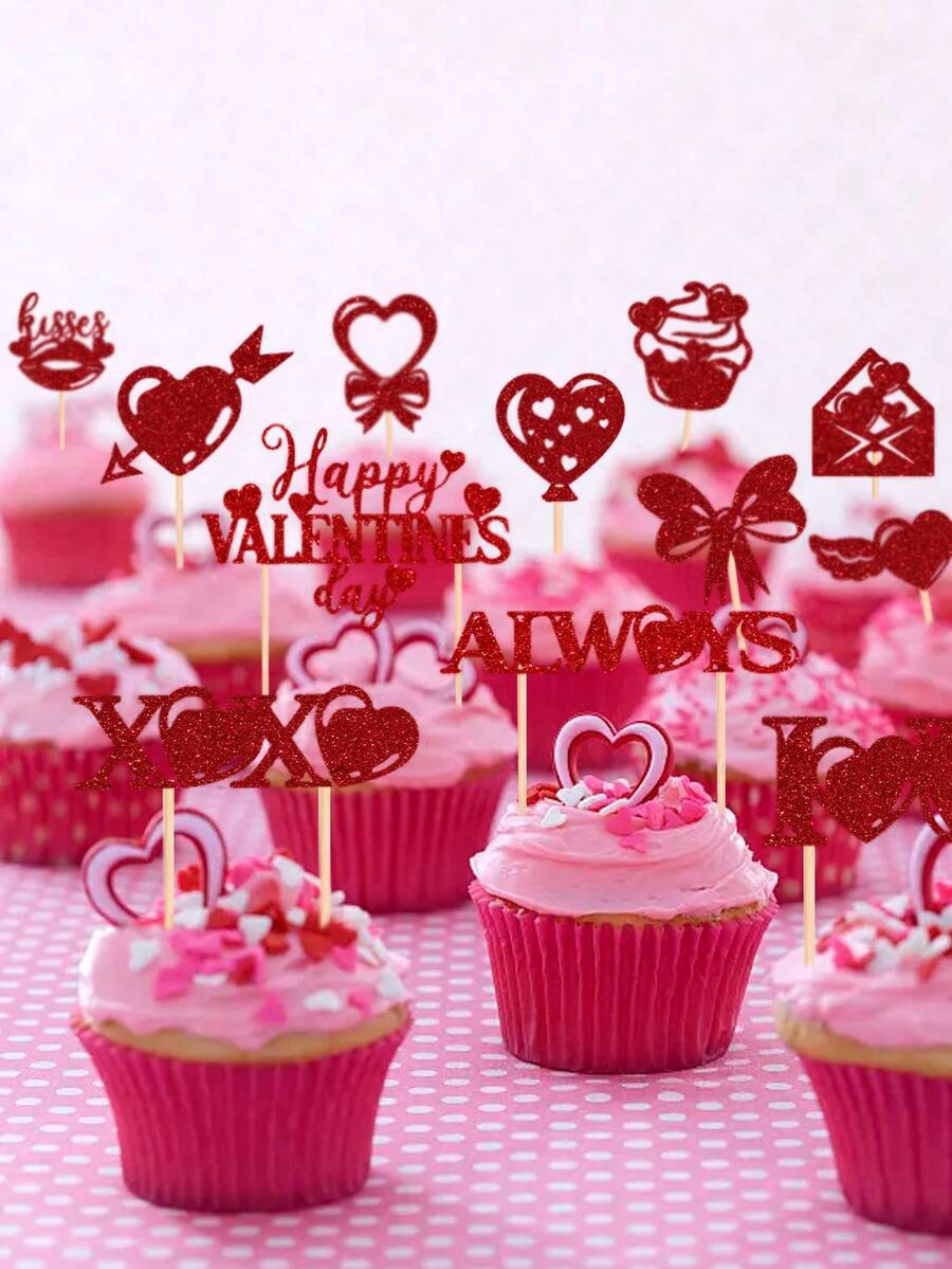 12pcs Burgundy Glitter Paper Cupcake Toppers, Happy Valentine's Day Cake Decorations For Valentine's Day Party - Dark Red - View 1