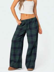 Women's Casual Trousers Classic Plaid Print Elastic Waist Loose Wide Leg Pants Lounge Pants - 藍色 - 查看 1