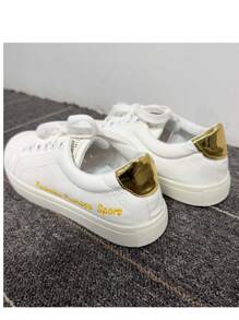 男士系带运动鞋，简约白色设计滑板鞋，持久抓地力，透气轻便，适合所有季节 - 金色 - 查看 2