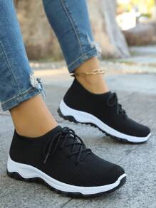 1 Pair New Black Lace-Up Breathable Non-Slip Women's Sports Shoes, Suitable For School, Running, Casual, Work, Workout, Hiking, Party, Hangout, Dating, Versatile Lightweight Low-Top Sneakers