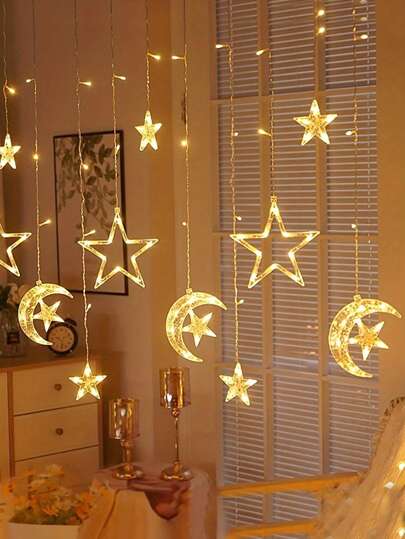 1pc Warm-Tone Moon & Star Series LED Curtain Light, Suitable For Weddings, Valentine's Day Parties, Home Decor, Creates Romantic Fairy-Tale Ambiance, Also Can Be Used For Garden Decoration