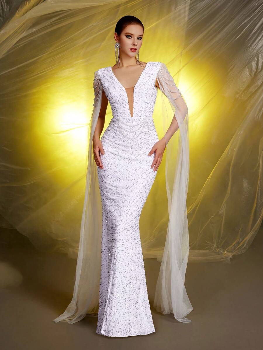 白色深 V 领超长袖亮片婚纱礼服 - 白色 - 查看 1