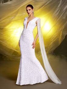 白色深 V 领超长袖亮片婚纱礼服 - 白色 - 查看 3