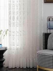 1pc Polyamide Sheer Panel Curtain, Modernist Floral Embroidered Light Filtering Privacy Sheer Curtain For Home - White - View 9