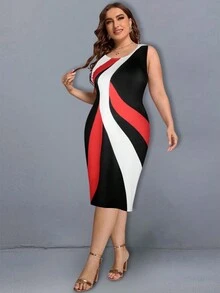Plus Size Digital Print Sleeveless Bodycon Dress - Casual Fitted Dress For Women