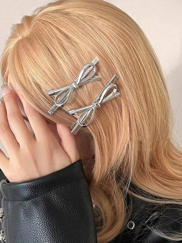 2pcs Women Y2K Style Elegant Sweet Gentle Fairy High-Quality Silver Bow Hairclips, Suitable For Ladies & Girls Daily, Commute, Holiday, Gift, Alligator Hair Clips Hair Accessories Valentines Claw Clips Hair Claws Hair Barrettes