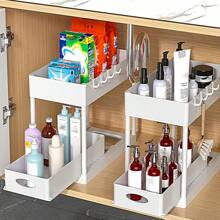 GROWSUN-2 Pack Under Sink Organizer, Bathroom Cabinet Organizer, 2 Tier Sliding Cabinet Basket Organizer Drawer, Multi-Purpose Bath Collection Baskets For Bathroom Under Counter Storage Organizer With 8 Hooks, Utility Racks - White - View 4