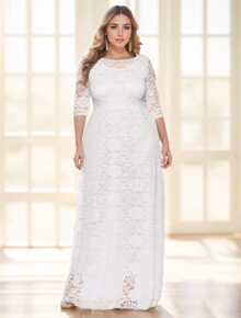 Angelic Plus Plus Size Crew Neck Three Quarter Sleeve Maxi Long Party Evening Bridesmaid Dresses For Elegant Women