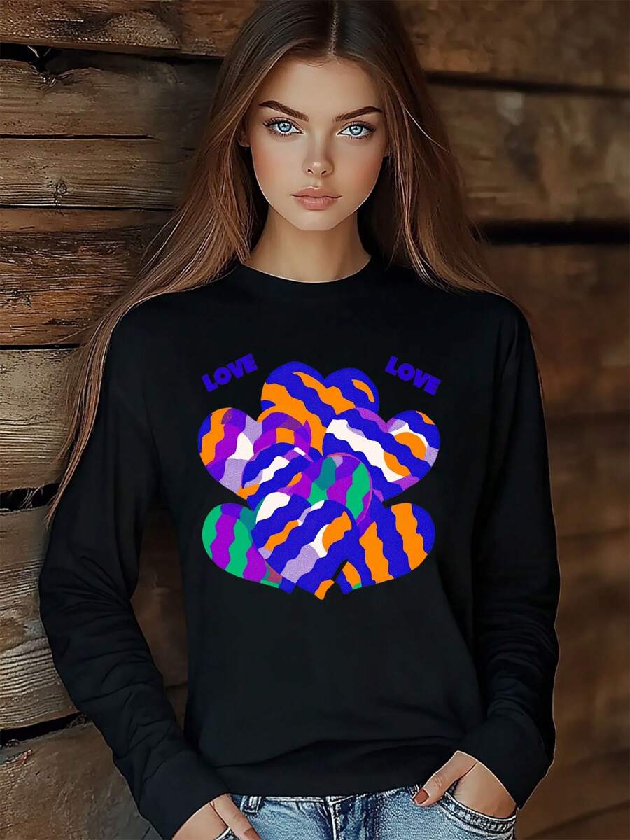 Women 'Love Is Love' Letter Rainbow T-Shirt Fashion Print Long Sleeve Round-Neck Loose Fit Tops Streetwear